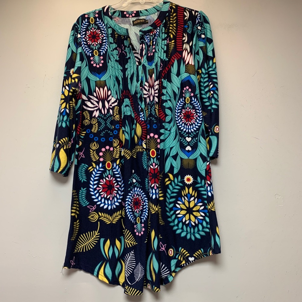 Reborn Tunic Top Womens XL Navy Blue Multi Excellent Floral Paisley Boho RN140